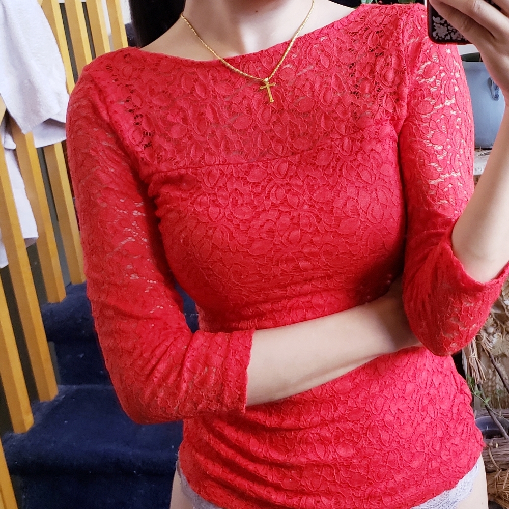 BEBE bright red lace fitted top